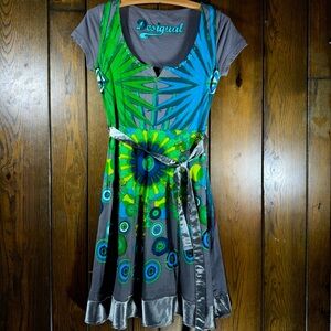 Desigual Green, Blue, & Grey Geometric Fit-and-Flare Dress (S)